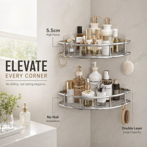 Corner Shower Shelf Wall Mounted No Drill Adhesive Stainless Steel Bathroom Organizer Storage Rack