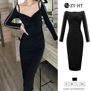 ZY·HT Black Long Sleeved Dress Womens 2024 New Hepburn Style Retro Slim Fit Long Bottoming Dress 10160 eravogue