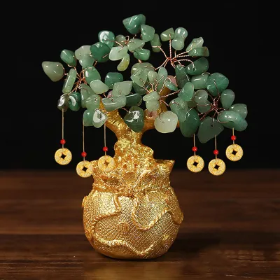 Feng Shui Lucky Gemstone Money Tree - Jade & Aventurine Charm for Wealth and Health