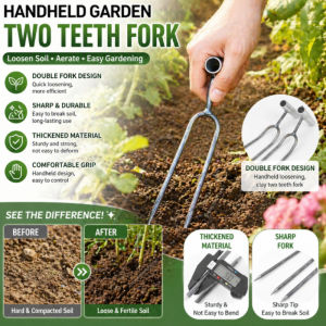 2 Prong Cultivator Hand Fork Manual Soil Aerator Weeder Heavy Duty Garden Tool for Loosening Soil Digging Removing Weeds Rustproof