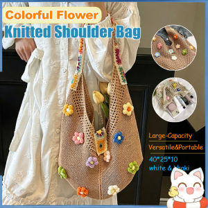 Vintage Floral Crochet Shoulder Bag Soft Cotton Woven Tote Bag Flower Decor Shoulder Bag