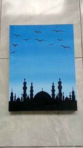 Lukisan Kanvas Canvas Hiasan Pajangan Dekorasi Dinding Pemandangan Ruang Tamu Kamar Rumah Minimalis Aesthetic Handmade Asli Hasil Tangan Motif Masjid Burung Ukuran 30x40 cm