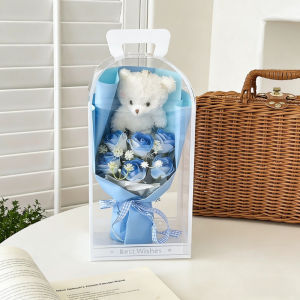 Purrhappy Soap Flower Bear Bouquet Transparent Gift Box Ribbon Decor Home Display Cute Present Birthday Valentine