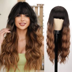 PTK52 Dark Root Blonde Wig With Bangs Cosplay Lolita Heat Resistant Long Wavy Curly Hair Japanese Cos Breathable Ombre Brown Blonde Wig for Women