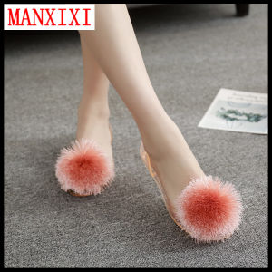 Thương hiệu MANXIXI Thời trang nữ Jelly Beach Dép bằng phẳng Hairball Inlay Shoes dành cho nữ (35-40 Size)