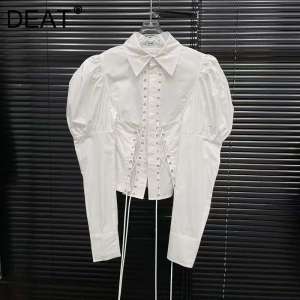 DEAT Fashion Womens Bandage Design Lantern Sleeves Blouse Solid Color Casual Lapel Short Shirts Female Trend New Items 11A029672026