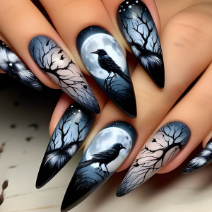 Dài Báo Chí Trên Móng Tay bọc hoàn toàn móng tay giả móng giả Acrylic móng tay giả Với Crow Chi Nhánh Trăng Tròn Thiết Kế Dính Trên Móng Tay Cho Phụ Nữ