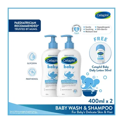 Cetaphil Baby Gentle Wash And Shampoo 400ML Gentle And Hypoallergenic With Glycerin and Panthenol Twin Pack + Free Daily Lotion