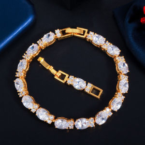 เลื่อมสร้อยคอแบบจี้ห้อยชุบทองสีเหลืองที่ดีงามของชาวอินเดียฝังคริสตัลหินวงรีสีขาวหรูหราเครื่องประดับอัญมณีข้อมือผู้หญิง B203จัดเลี้ยงในงานปาร์ตี้