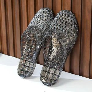 ZEEMIN Womens Summer Baotou Hollow Out Flat Sole Slippers Soft Sole Non Slip Transparent Crystal Slippers Outdoor Beach Slippers