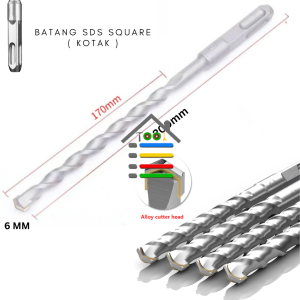 6 - 25MM HAMMER DRILL BITS SDS SQAURE KOTAK PERSEGI BOBOK BETON TEMBOK PANJANG 20 CM