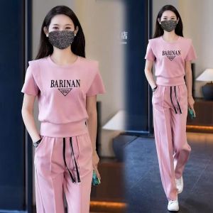 Korean Style Women Sportswear Short Sleeve New Version Fashion Casual Sport Temperament Lady Two Piece Sets Fit and thin suit