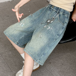 New Fashion Kids Children Knee-Length Bowknot Denim Shorts with Rhinestones for Teenage Girls Loose Casual Capri Jeans with Bow h260702
