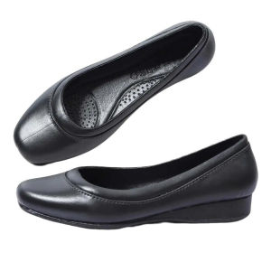 Womens Stylish Round-Toe Black Shoes 3CM Low Heel Non-Slip Waterproof Rubber Comfortable Slip-On for School Office Wear 075523