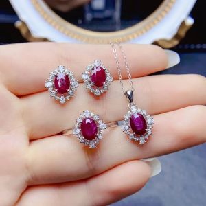 FS 5*7mm Natural Ruby Fine Jewelry Set Certificate for Women S925 Sterling Silver Ring Pendant Earrings 3-Piece Weddings MeiBaPJ