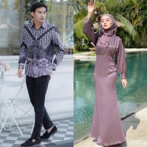 Baju Couple Pasangan Jasmine Dress Satin Velvet Polos Gamis dan Kemeja Batik Muslim