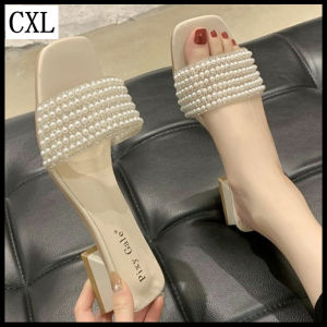 227CXL Brand Fashion Beautiful Slippers 1.57 Inches Mid High Heels INS Style Pearl Sandals For Women (Size 34-39)