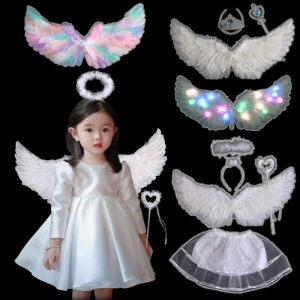 Angel Wings Headband Wand Set White Feather Fairy Costume Dress Up Photo Booth Party Kids Gift