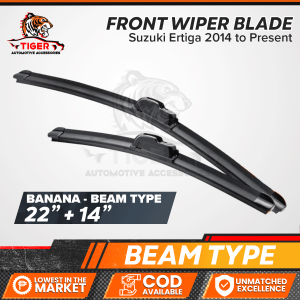 TIGERAUTO Suzuki Ertiga 2014 to Present Front Wiper Blade Set 22" + 14" BEAM or FRAME- Banana Frameless Design Aluminum Framed Auto Windshield Substitute ABS Plastic Universal Front Shield Wiper Heavy Duty Silent Grade Silicone Rubber