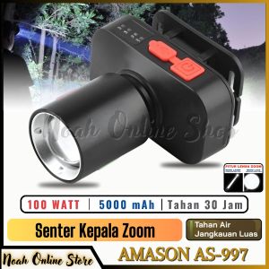 Senter Kepala Zoom Amason AS-997 Cahaya Putih Tahan 30Jam / Senter Kepala Super Terang / Senter Kepala Tahan Air Murah / Senter Kepala Murah / Senter Kepala 100 Watt / Headlamp 100W Super Terang ~ NOS
