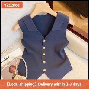 【Local shipping】 French Temperament V-neck Single Breasted Sleeveless Slim Knitted Vest For Women