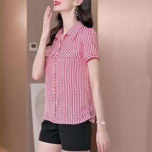 Ice Silk POLO Collar Blouse for Women Plus Size Summer Versatile Striped Three-quarter Sleeve Shirt