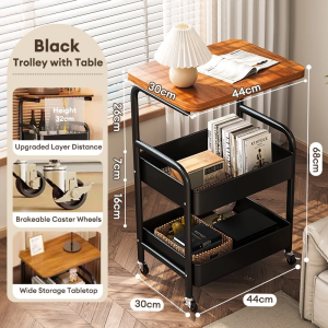 Metal Trolley Cart Rack Solid Wood Kitchen Storage Rack With Wheels Bedside Trolley Rack Bedroom Organizer Rack 全铁小推车
