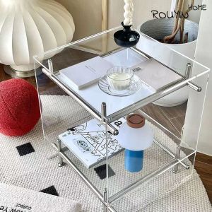 Stainless Steel Trolley Side Table Sofa Transparent Storage Rack Master Bedroom Movable Bedside Table