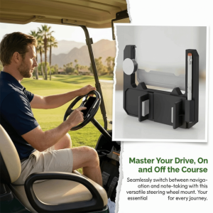 BLACKON Easy to Install Golf Cart Phone Holder Flip Up Design Universal Steering Wheel Phone Mount Golf Cart Part Multi-functional Golf Cart Accessory For Golfers