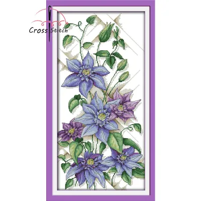 Purple Blossoms (2) Cross Stitch Complete Set With Pattern Printed Unprinted Aida Fabric Canvas 11CT 14CT Stamped Counted Cloth With Materials DIY Needlework Handmade Embroidery Home Room Wall Decor Sewing Kit