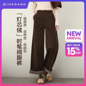 Giordano Beau Monde Women Plaid cuffed wide leg cotton corduroy pants Free Shipping 13416717