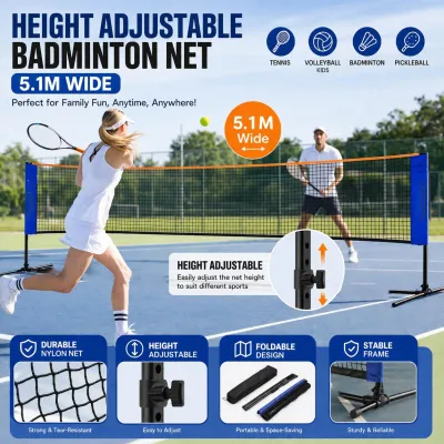 🇸🇬 (5.1M Wide) Badminton Net Height Adjustable Kids Volleyball Net / Foldable Nylon Net / Tennis Net / Pickleball Net / Small Pickleball Net for Backyard Game and Indoor Outdoor Use Easy Setup