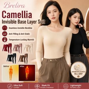 『Brelira』Thermal Wear Base Layer Set Invisible Body Shaping Camellia Undershirt Set Heat Retention For Autumn Daily Office Comfort Clothing Womens Warm Innerwear