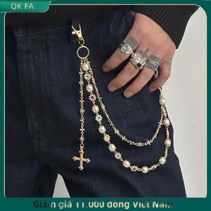QK FA ✨ Tinh Tế Sang Trọng Chéo Mặt Dây Chuyền Giả Ngọc Trai Quần Chuỗi Cho Nam Giới Punk Quần Chuỗi Hip Hop Quần Jean Chuỗi Phụ Kiện Quần Áo
