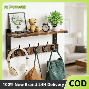 Wooden Wall Hanging Shelf with 5 Dual Hooks 17 Inch Entryway Hanging Rack Key Holder Picture Hanger Hooks Wall Display Rack Home Decoration