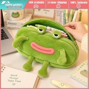 Cute Anime Pen Organizer Bag Big Mouth Frog Pen Bag Large Capacity Cosmetic Pouch Pencil Cases Plush Zipper Creative Stationery