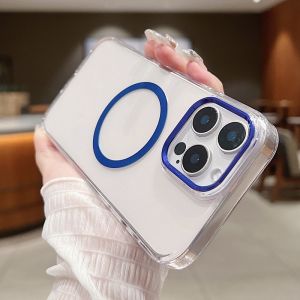 CrashStar Magsafe HD Transparent Glass Hard Shockproof Phone Case With Metal Camera Ring For iPhone 16 15 14 Pro Max Plus 13 12 Pro Max Wireless Charging Phone Cover Simple Clear Tempered Glass Phone Casing Cover Protective Shell Hot Sale