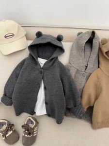 Childrens sweater jacket 2026 Spring Korean-style cute hooded knitted cardigan for baby boys and girls infant spring clothing