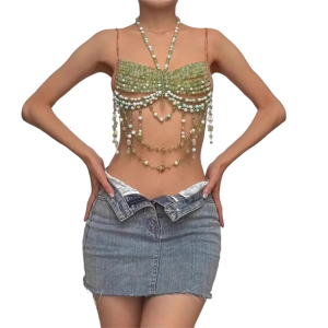 Trendy Womens Halter Neck Tank Top Clubbing Outfit Beaded Body Chain Fashionable Crop Tops Statement Necklace Cami