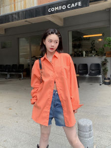 Korean version of womens stand collar button top new oversize casual shirt long sleeves