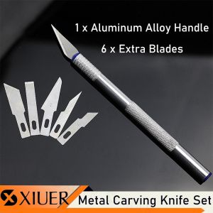 Metal Carving Knife with 5 Extra Blades Aluminum Alloy Precision Sculpture Cutter Hand-Made Art Sculpture Engraving Knife High-Quality Precision Knife Non-Slip Metal Scalpel Cutter for Wood Carving Crafts DIY Hand Tools