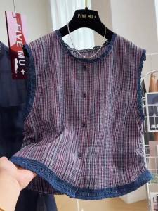 Design Sense Lace Trim Plaid Short Vest for Women 2024 Summer New Korean Style Sleeveless Top Blouse