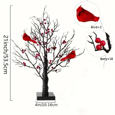 Creative LED Birch Tree Light Red Berry Decoration Bird Twinkle Tree Lights Vintage Glowing Tree Holiday Decor
