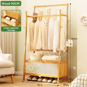 Bamboo Rak Baju With Cabinet Wood 80/90CM Penyangkut Baju Hanging Rack Hat stand Clothes Hanging Stand 带柜挂衣架