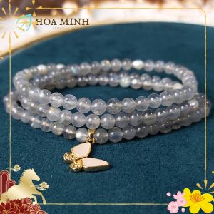 Vòng tay đá Hắc Nguyệt Quang Labradorite đá Xà Cừ chuỗi 108 hạt 5.4 li quấn 3 vòng phối charm bướm hồ điệp ngọc trai sang trọng quý phái | Hoa Minh Gem