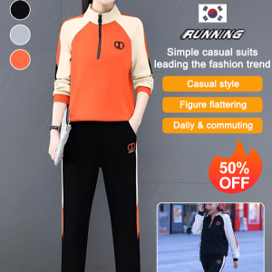 guibai Womens embroidered stand-collar sweatshirt sports suit loose color matching casual two-piece set