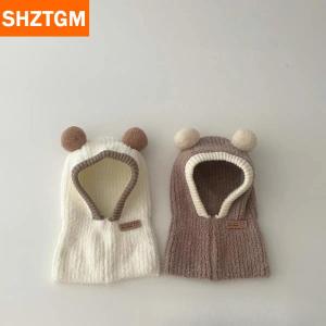 [COD] SHZTGM หมวกไหมพรมกันลมน่ารักสำหรับเด็ก หมวกคลุมศีรษะเพื่อความอบอุ่นในฤดูหนาวหมวกผ้าพันคอชิ้นเดียวหมวกถักแบบหนาหมวกบีนนี่สำหรับเด็ก