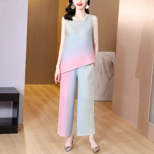 NOVA quality⭐Miyake Korean style gentle gradient pleated suit womens summer temperament age-reducing casual fashion top + wide-leg pants two-piece set