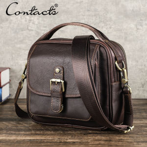 CONTACTS Genuine Leather Vintage Men Small Messenger Bag Shoulder Bags Brown Handbag Luxury Flap Travel Crossbody Bags