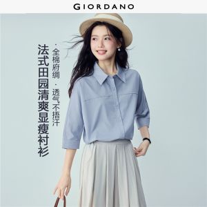 GIORDANO Women Shirts 100% Cotton 1/2 Sleeve Shirts Flat Felled Seam Loose Fit Fashionable Casual Shirts 13346463